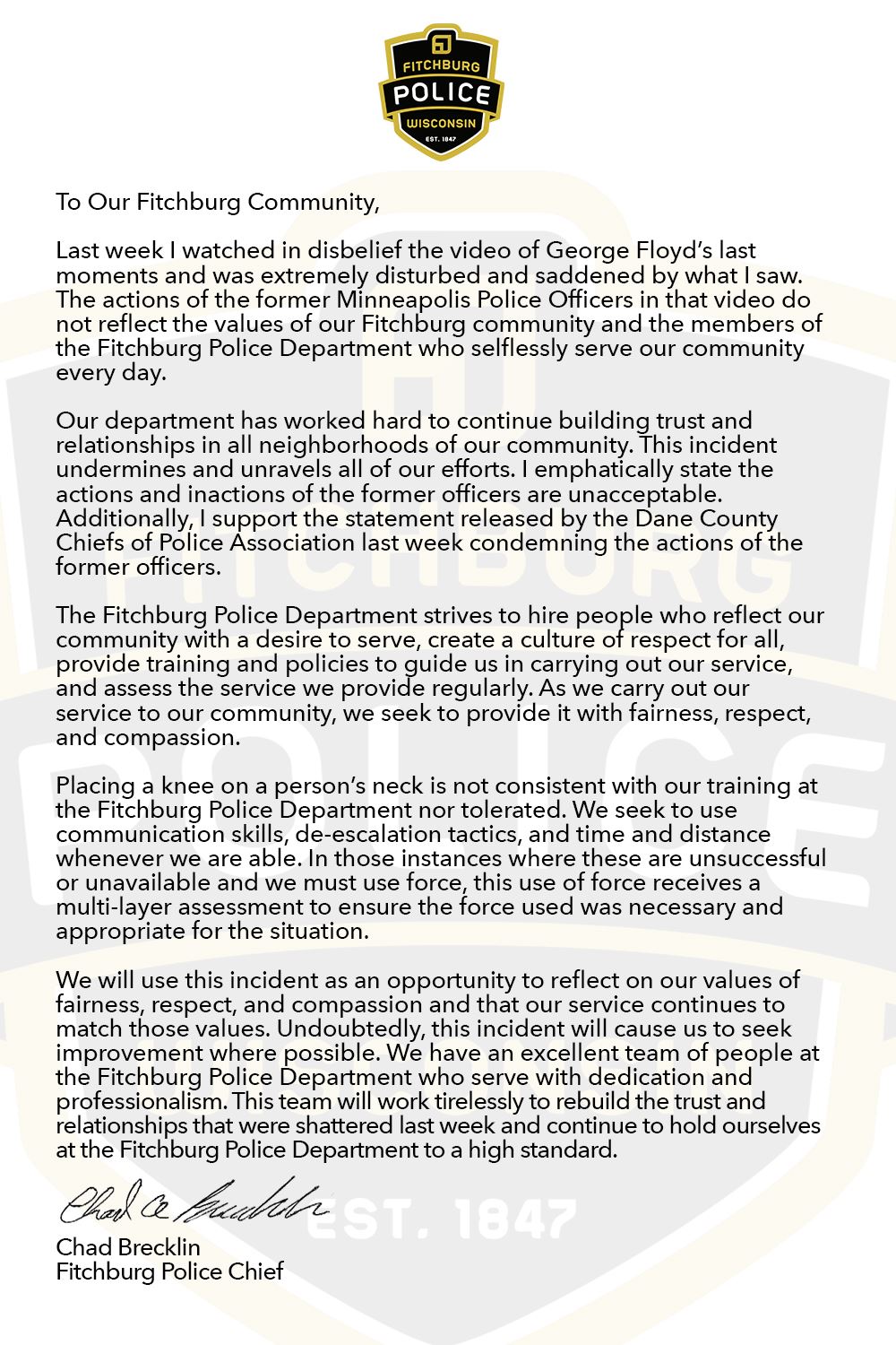 Statement to Our Community